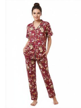 Flora Women’s Pajama Floral Print 2-Piece Set Short Sleeve Top Long Pants Size L